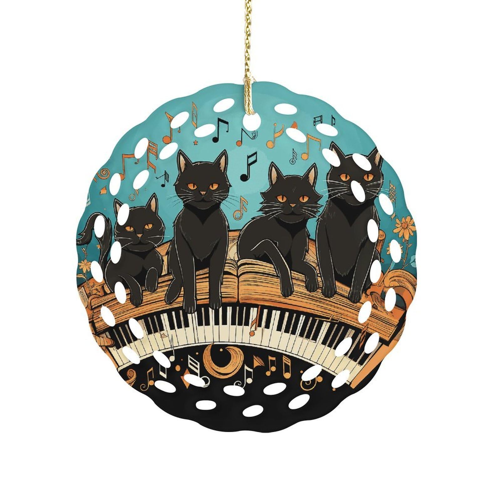 Fekiloot Women's Style Four Black Cats Lying On The Piano Keyboard Ceramic Ornaments 3 Inch Round,Holiday Keepsake For ,Girls,Pet Owners,Hanging Ornament Gifts Idea For Home