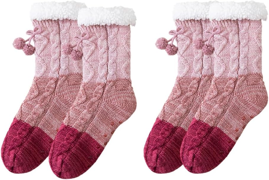 Womens Slipper Fuzzy Socks 2 Pairs Color Blocks Fluffy Winter Warm Cozy Plush Non Slip Fleece Socks