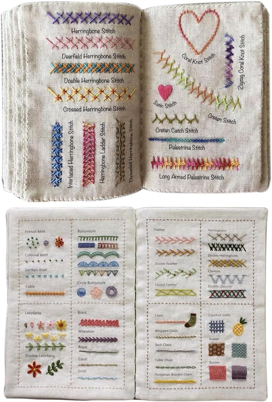 Ginger Tech Multicolor Diy Embroidery Stitch Sample Book, Linen Fabric Embroidery Stitch Sewing Books, Embroidery Instruction Book For Crafts And Clothing, Sewing Guide For Beginners (A+B)