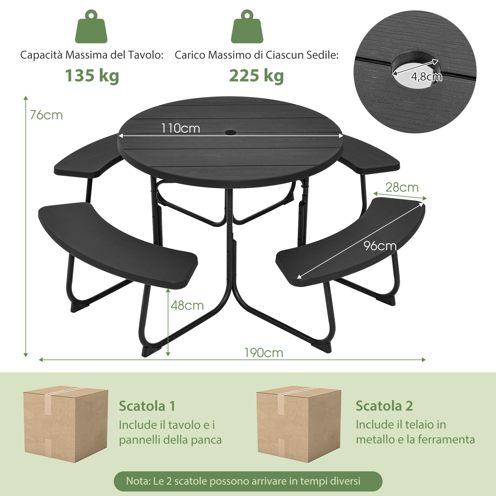 GYMAX Tavolo da picnic all'aperto, tavolo portatile con 4 panche e foro per ombrellone, set da tavolo da picnic rotondo per 8 persone per giardino e terrazzo， 190 x 76 cm (Nero)