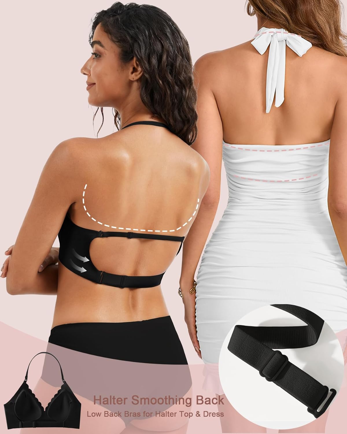 Low Back Bra - Halter Bra Backless Padded Low Cut Seamless Wave Bras Scalloped V Neck Criss-Cross Multiway Bralette - Image 4