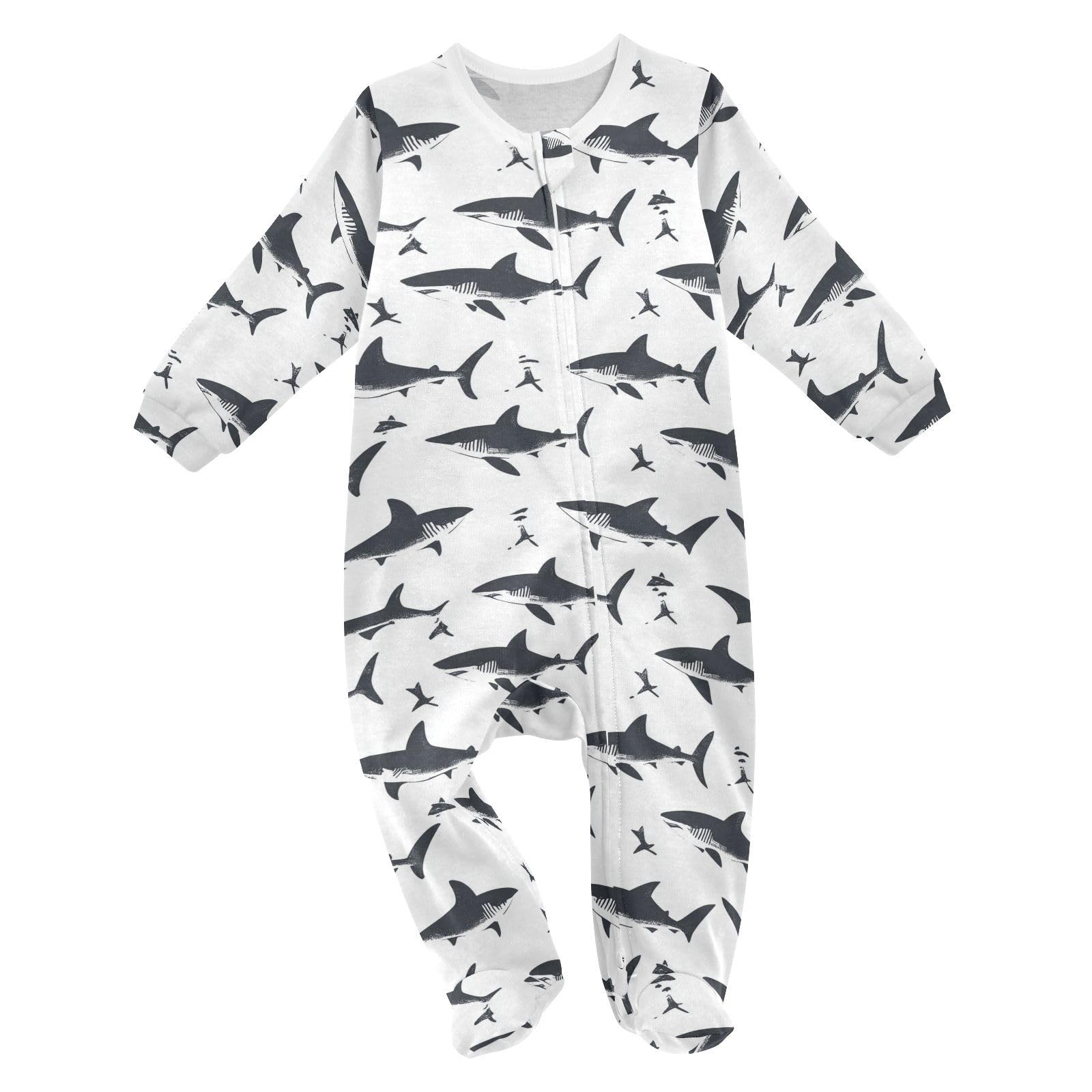 Wusikd Shark One-Piece Footies White Bodysuit Rompers Zipper for Boys Girls 24M