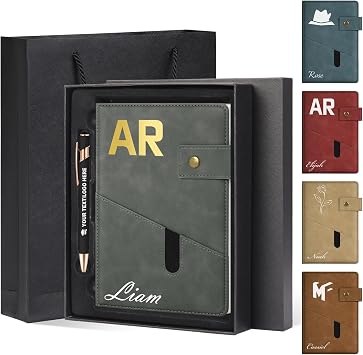 ENOMY A5 Personalized Notebook Set with Pen & Gift Box Leather Lined Custom Daily Diary Journal for Men Women Custom Notebook Writing, Gray