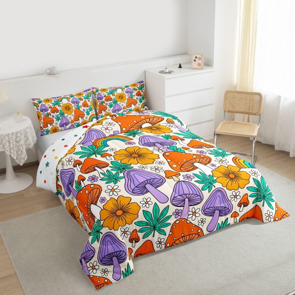 Feelyou Mushroom Comforter Set Rainbow Eyed Print Bedding Set Retro 60S 70S Floral Comforter Flowers Groovy Quilted Duvet Set for Kids Boys Girls Queen Size with 2 Pillow Case