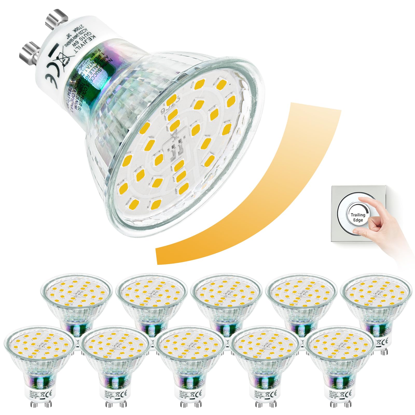 KEJIYILT GU10 LED Glühbirnen, Dimmbare Glühbirnen 10er set, 650lm, 6W Ersetzt 65W Halogenlampen, Abstrahlwinkel 120° Flimmerfrei Strahler (Kaltes Licht 6000K)