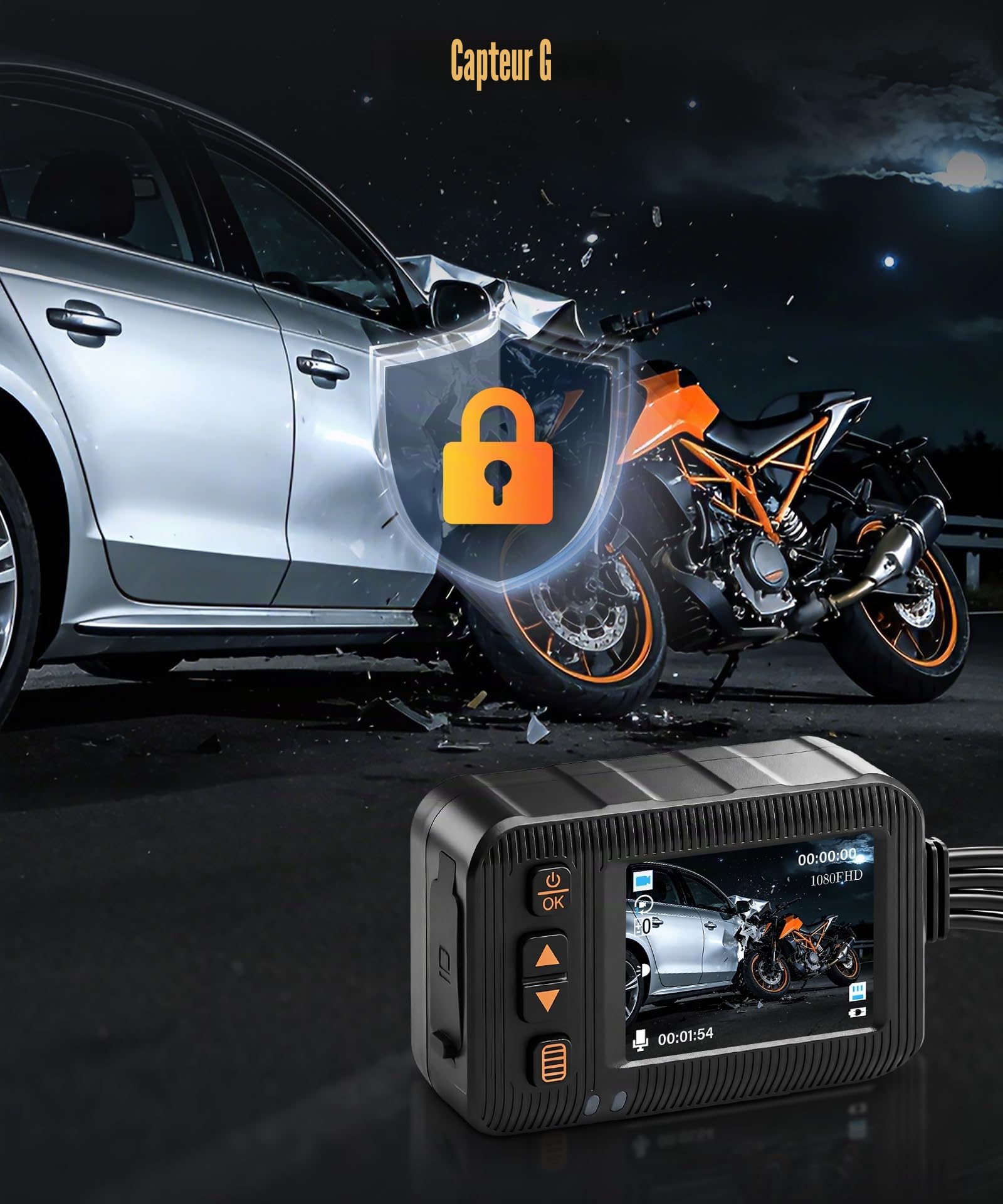 VECHTEL Caméra de tableau de bord de moto avant et arrière 1080p, écran HD 2", double caméra pour moto, étanche, enregistrement en boucle, capteur G intégré, télécommande et carte SD de 32 Go