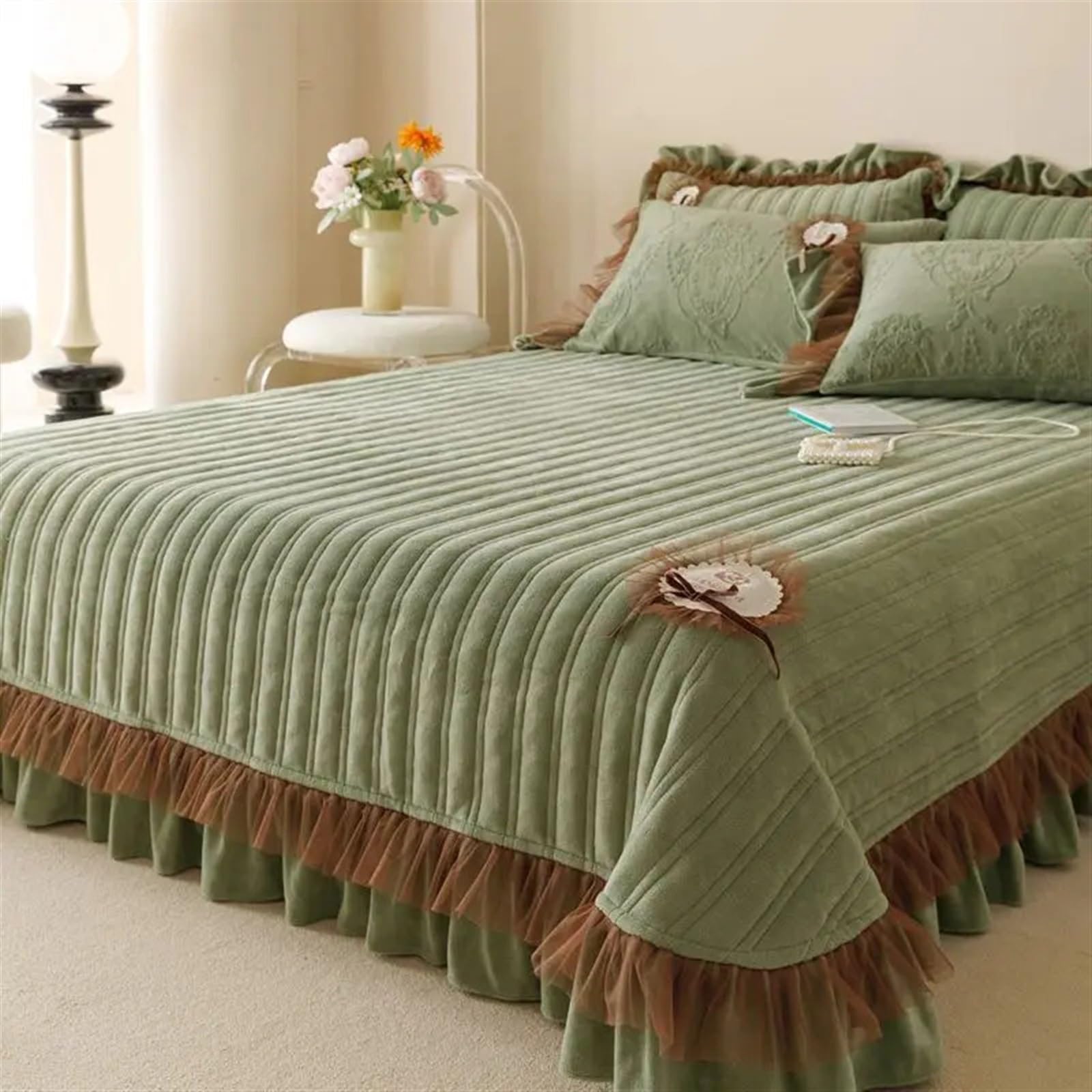 Juego de Falda de Cama Acolchada, colchas cálidas, Fundas de colchón de Invierno, Protector elástico, colchones, Fundas de Almohada, 3 uds.(Purple,270x270cm)