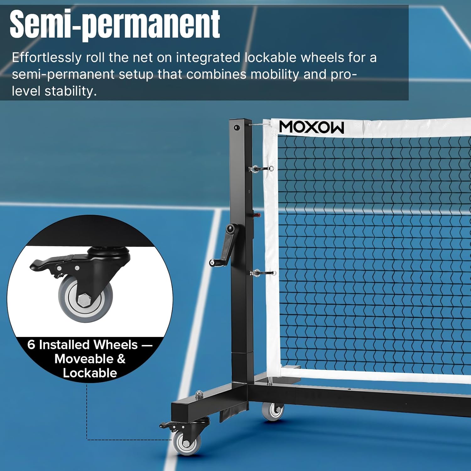 MOXOW Semi-Permanent Pickleball Net for Tournament Play, Heavy-Duty Net with Premium Crank Tension System, All-Weather Rust-Resistant Aluminum Frame with Moveable Wheels - Image 2