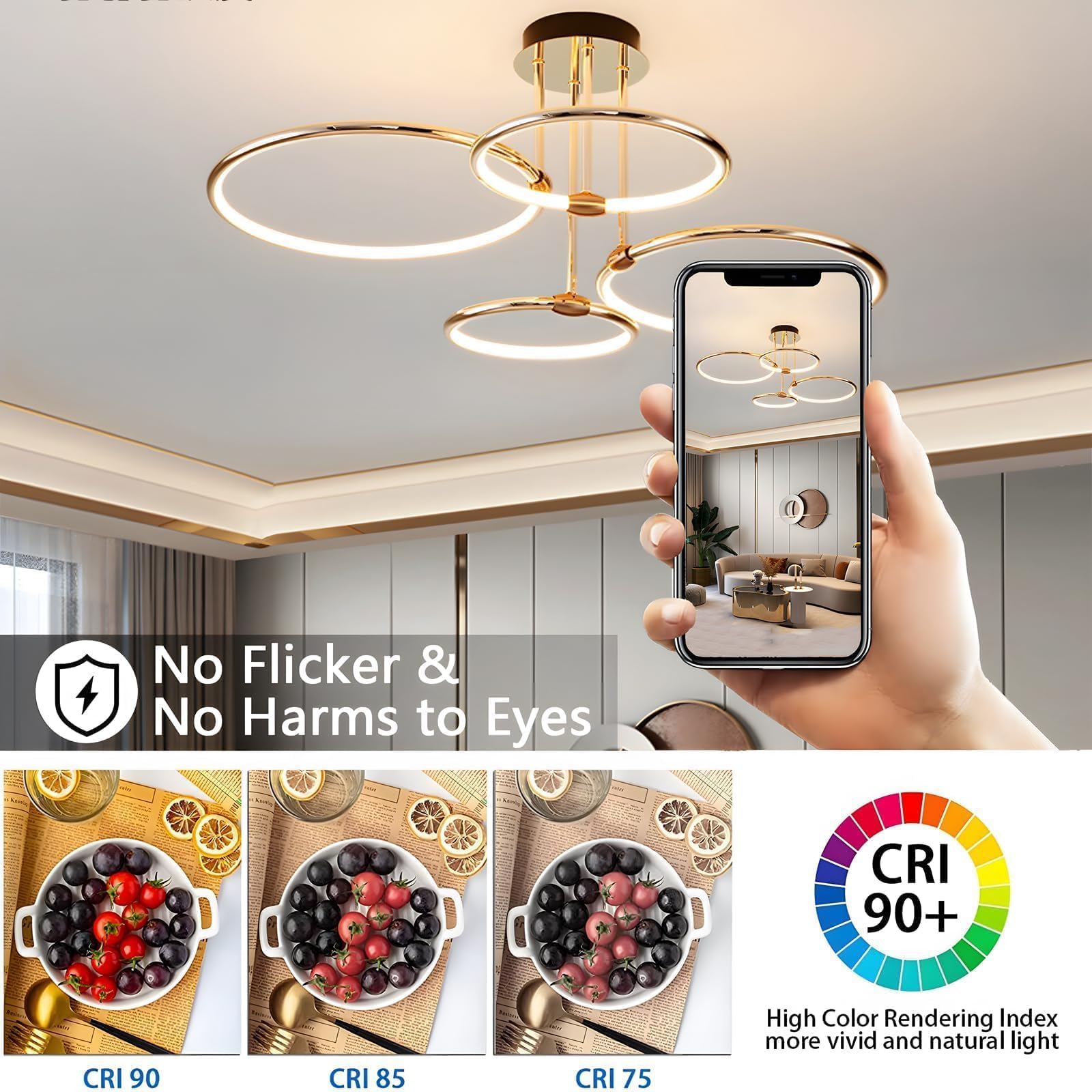 4 Ring Gold Led Deckenleuchte, Ø75cm | 85W Kronleuchter Stufenlos Dimmbar, Kreative Metallgalvanik Pendelleuchte, Moderne Lampe Für Schlafzimmer, Wohnzimmer, Kinderbüro Arbeitszimmer Küche