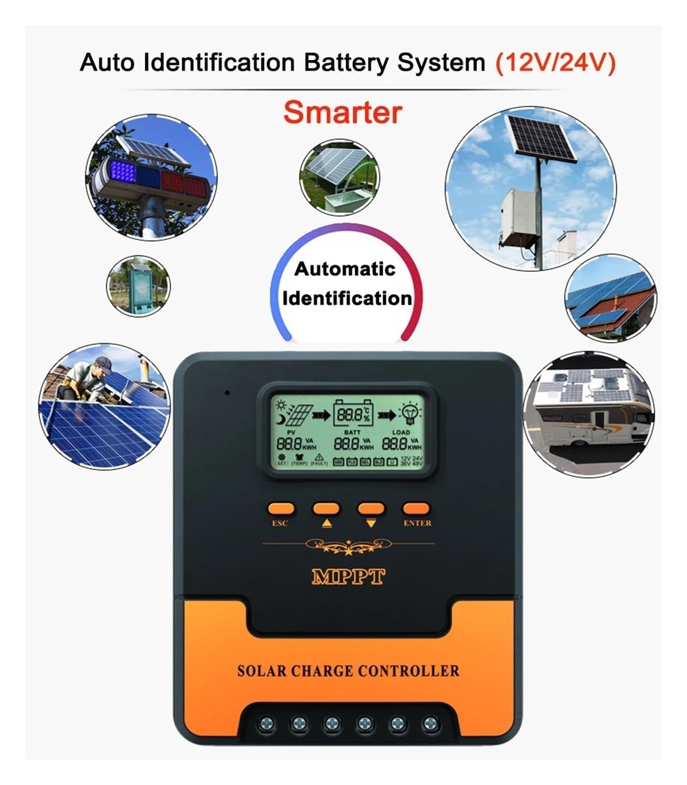 Regolatore di carica solare, Regolatore di carica solare automatico MPPT 12V 24V 10A/20A/30A/40A/50A/60A fotovoltaico intelligente(10A)