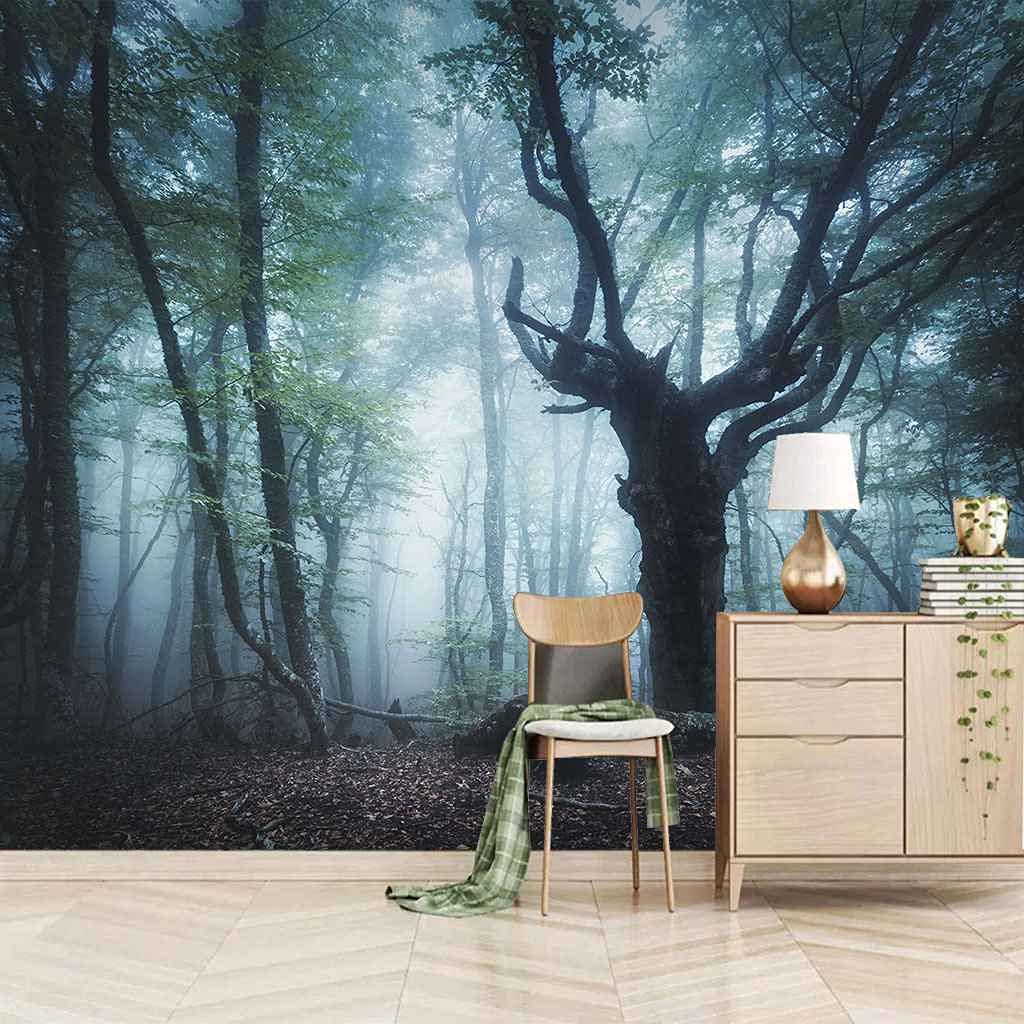 Papier peint canevas paysage de forêt brumeuse, fresque murale 3D haut de gamme