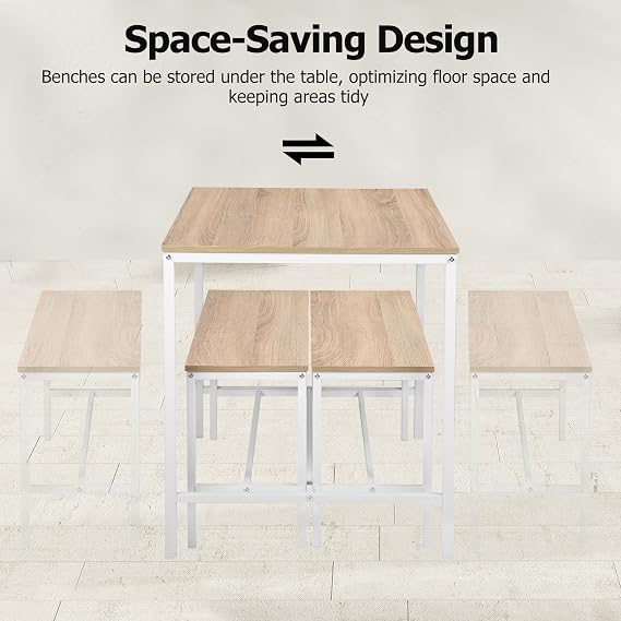 FurnitureR Dining Table Set 3 Pieces, 43.3 Inch Kitchen Table with 2 Dining Benches for 4, Dining Room Table Set with Metal Frame & MDF Board, Space-Saving Dinette for Home, Restaurant, Beech White