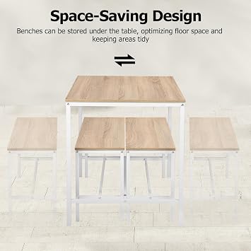 FurnitureR Dining Table Set 3 Pieces, 43.3 Inch Kitchen Table with 2 Dining Benches for 4, Dining Room Table Set with Metal Frame & MDF Board, Space-Saving Dinette for Home, Restaurant, Beech White