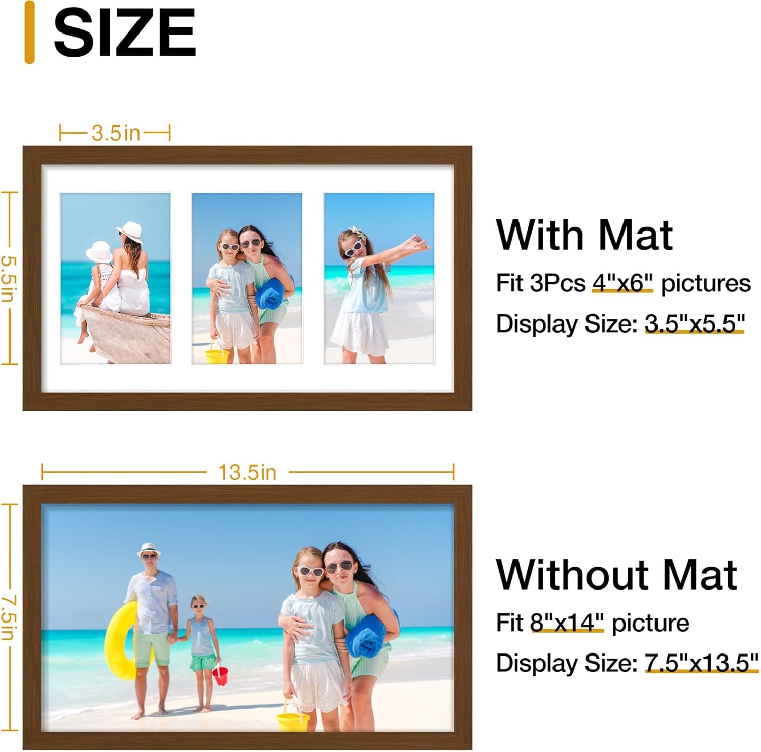 decorUhome 8x14 Picture Frames Collage Wall Decor, Display 3Pcs 4x6 Photos with Mat or 1Pcs 8x14 Unmatted, 3 4x6 Collage Picture Frames for Wall Mounting, Brown - Image 4