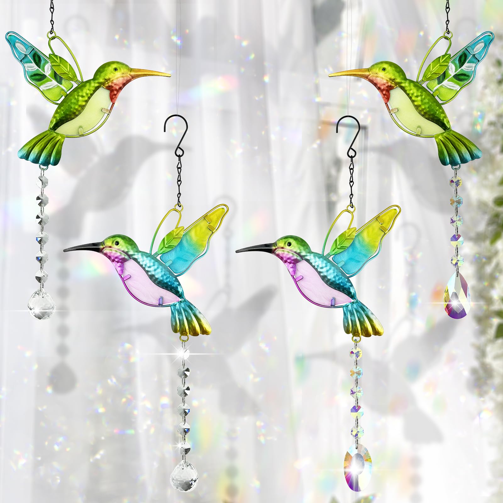 4 acchiappasole a colibrì, 41 x 18 cm, con cristalli Suncatcher da appendere, con 4 ganci per finestre, giardino, camera da letto, matrimonio, ecc