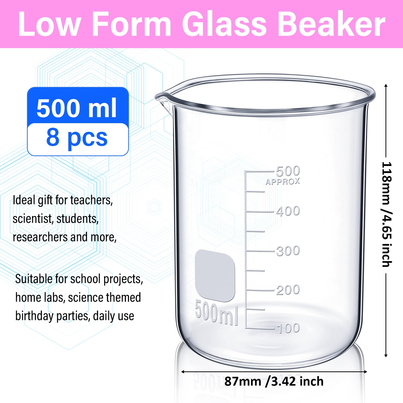 Relaxweex 8 Pcs Glass Lab Beaker 500ml, Borosilicate Low Form Spout — Amazon image 2