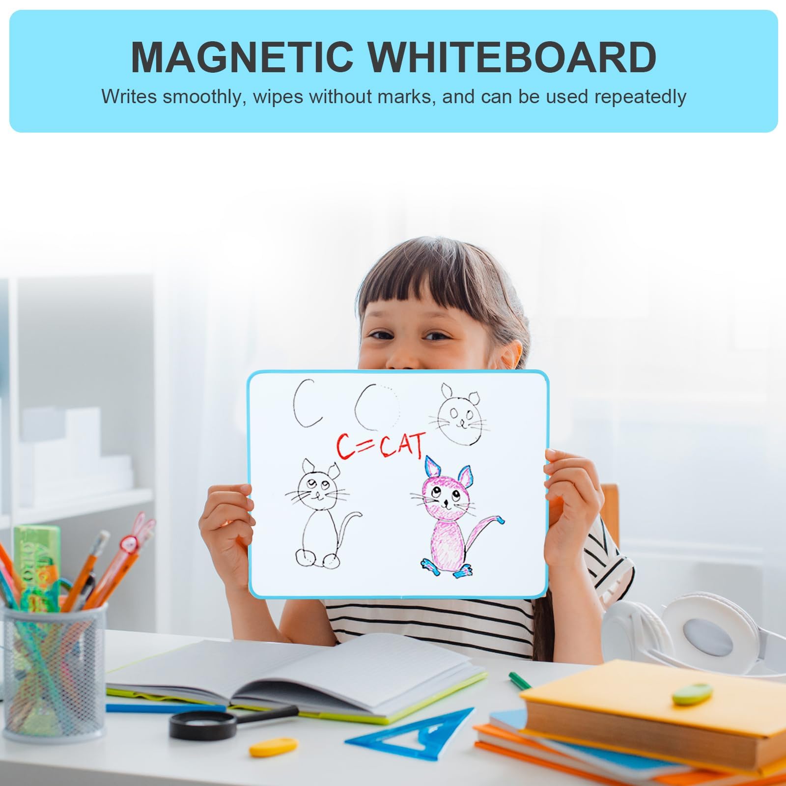 wenrescry Dry Erase mała tablica suchościeralna z antypoślizgowym stojakiem, dwustronna magnetyczna tablica suchościeralna z długopisami, magnesem i gumką, dla studentów, klasy, biura (32 x 23 cm)