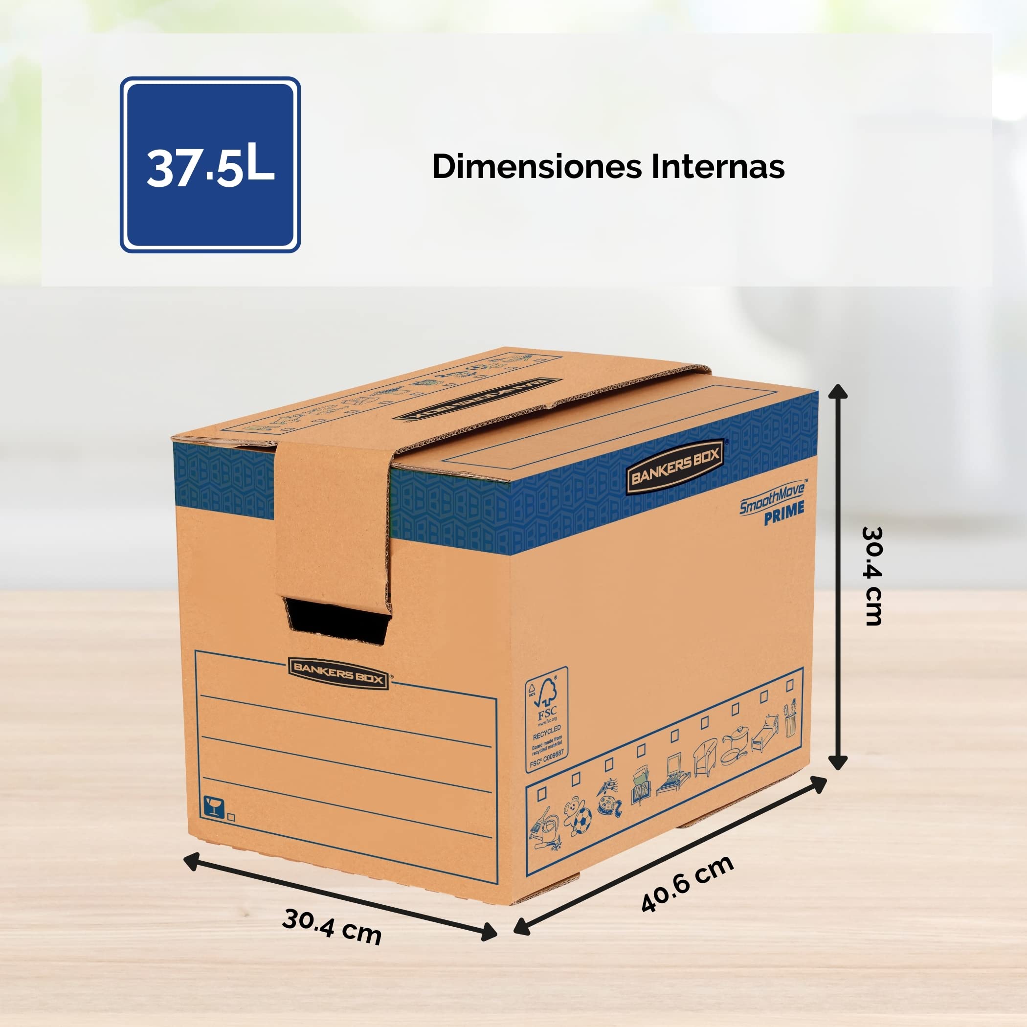 BANKERS BOX pack 5 cajas mudanza 37,5L (30×30×40,5cm), cartón doble, asas, sin cinta, montaje FastFold, 100% reciclables – resistentes para transporte y almacenaje