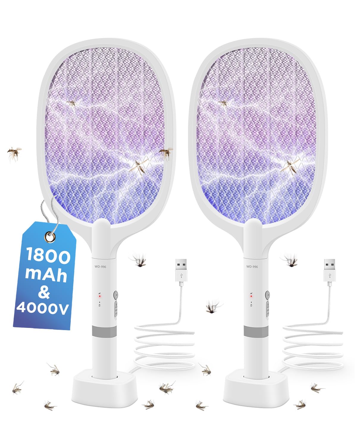 Racchetta Zanzare Elettrica 2 Pezzi, Ricaricabile 4000V, Paletta Mosche con LED Viola, Batteria 1800mAh, Base di Ricarica USB, Griglia a 3 Strati, per Casa, Cucina, Giardino, Interni ed Esterni