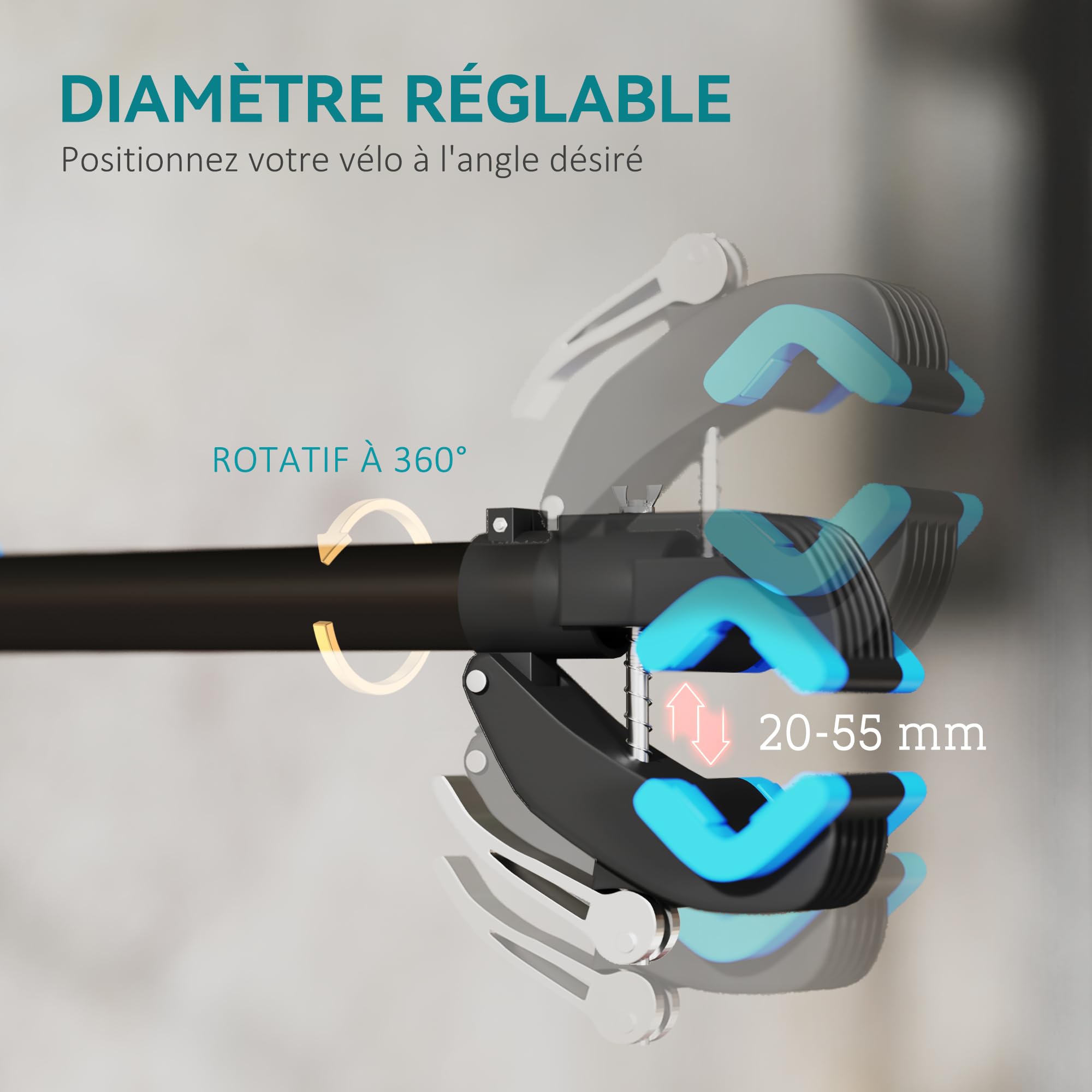HOMCOM Support de réparation de vélo réglable en hauteur, pince rotative 360°, pieds d'atelier ou muraux, support vélo pour montage, entretien, réparation VTT et vélo de route, charge max. 25kg, noir