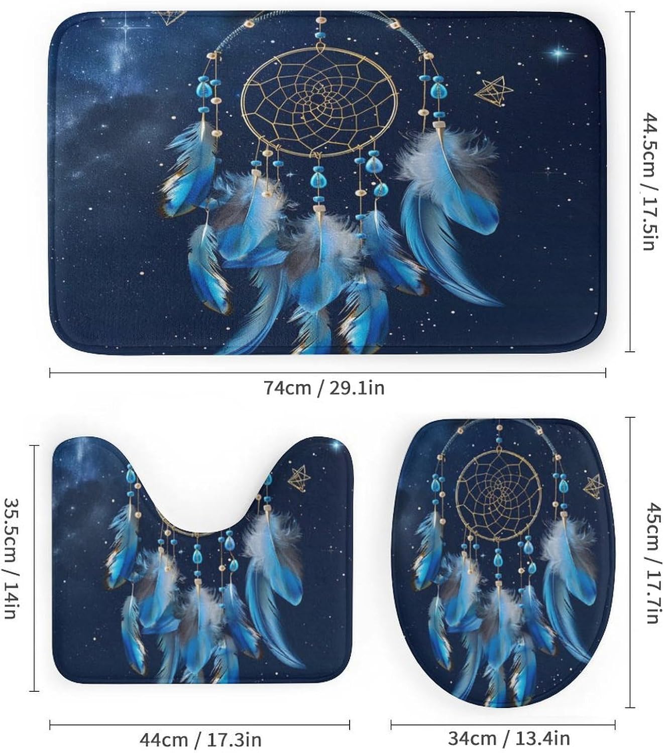4Pcs Starry Sky Dream Catcher Shower Curtain Set with Toilet Lid Cover Non-Slip Rugs for Bathroom, Galaxy Star Feather Fantasy Shower Curtain Bathroom Sets with Hooks, 72x72 Inch