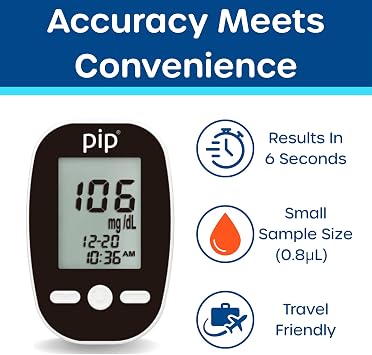 Pip Blood Glucose Monitor Kit with Preloaded Safety Lancets - Complete Diabetes Testing Kit for Blood Sugar Monitoring | No Lancing Device, Virtually Painless | 50 Test Strips, Lancets & Travel Case