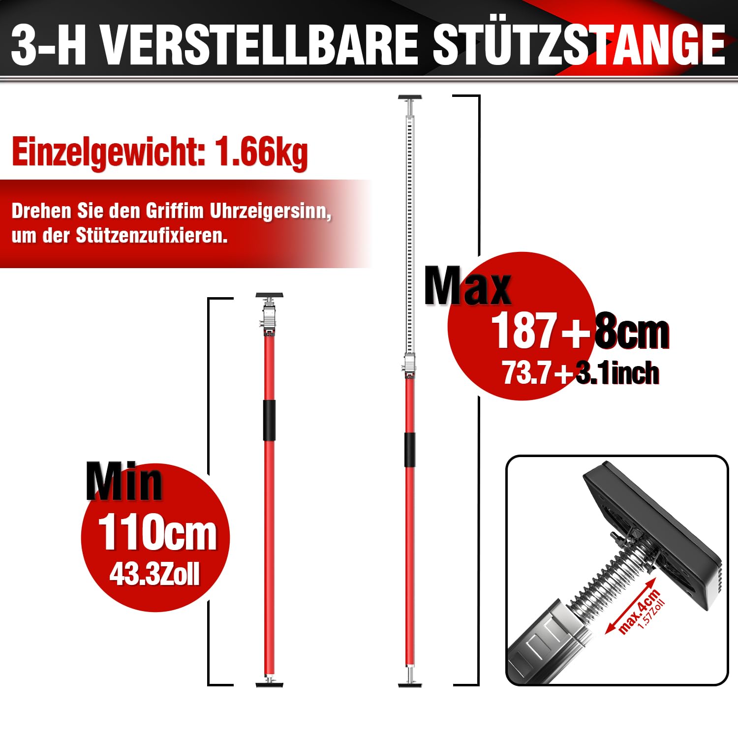 3-H 2X Ladungssicherung Transportsicherung Klemmstange Teleskopstützen 110-195cm,Montagestütze Teleskopstange Klemmbalken Ausziehbar Spannstange für SUV PKW Wagen Pickup Limousine,Stahl Baustütze,Rot
