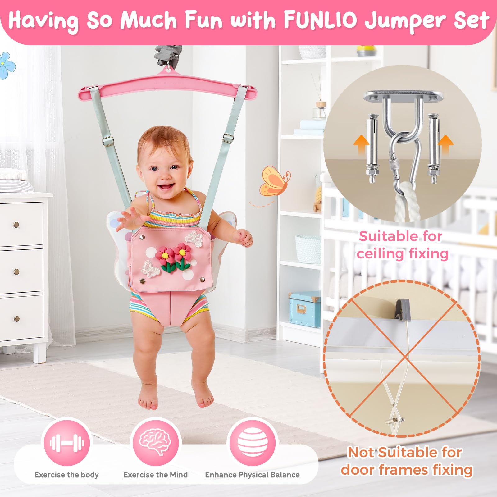 FUNLIO Baby Jumper con gancho de techo para 6–24 meses, saltador de puerta para interior y exterior, con cadena ajustable, fácil de montar y guardar (con gancho de techo) – Mariposa Rosa