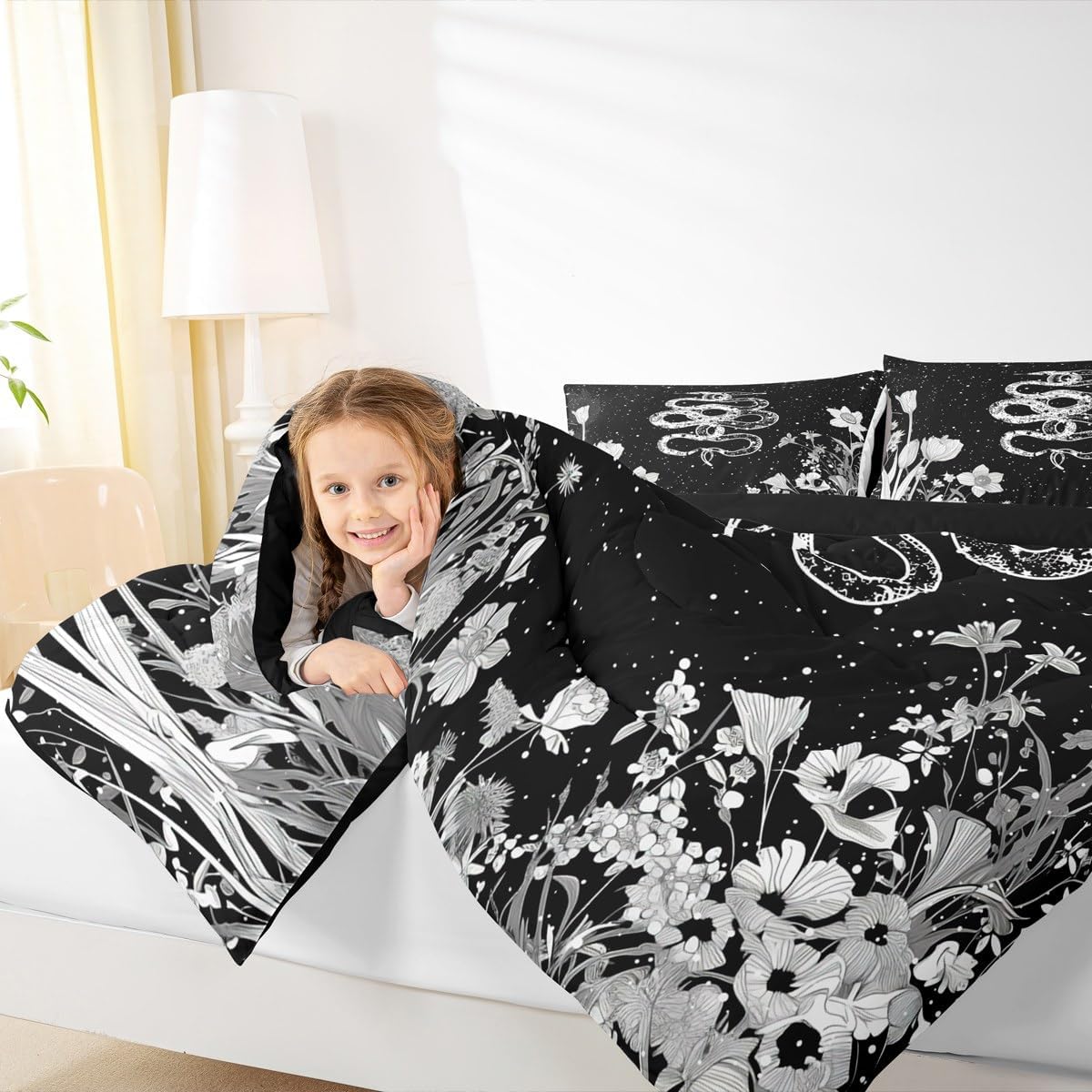 Snake Comforter Set Full Size,Night Moon Starry Sky Bedding Set 3Pcs,Boho Flower Leaves Botanical Print Quilt Set for Kids Boys Girls Teens Room Decor Gothic Animal Duvet Insert,2 Pillowcases
