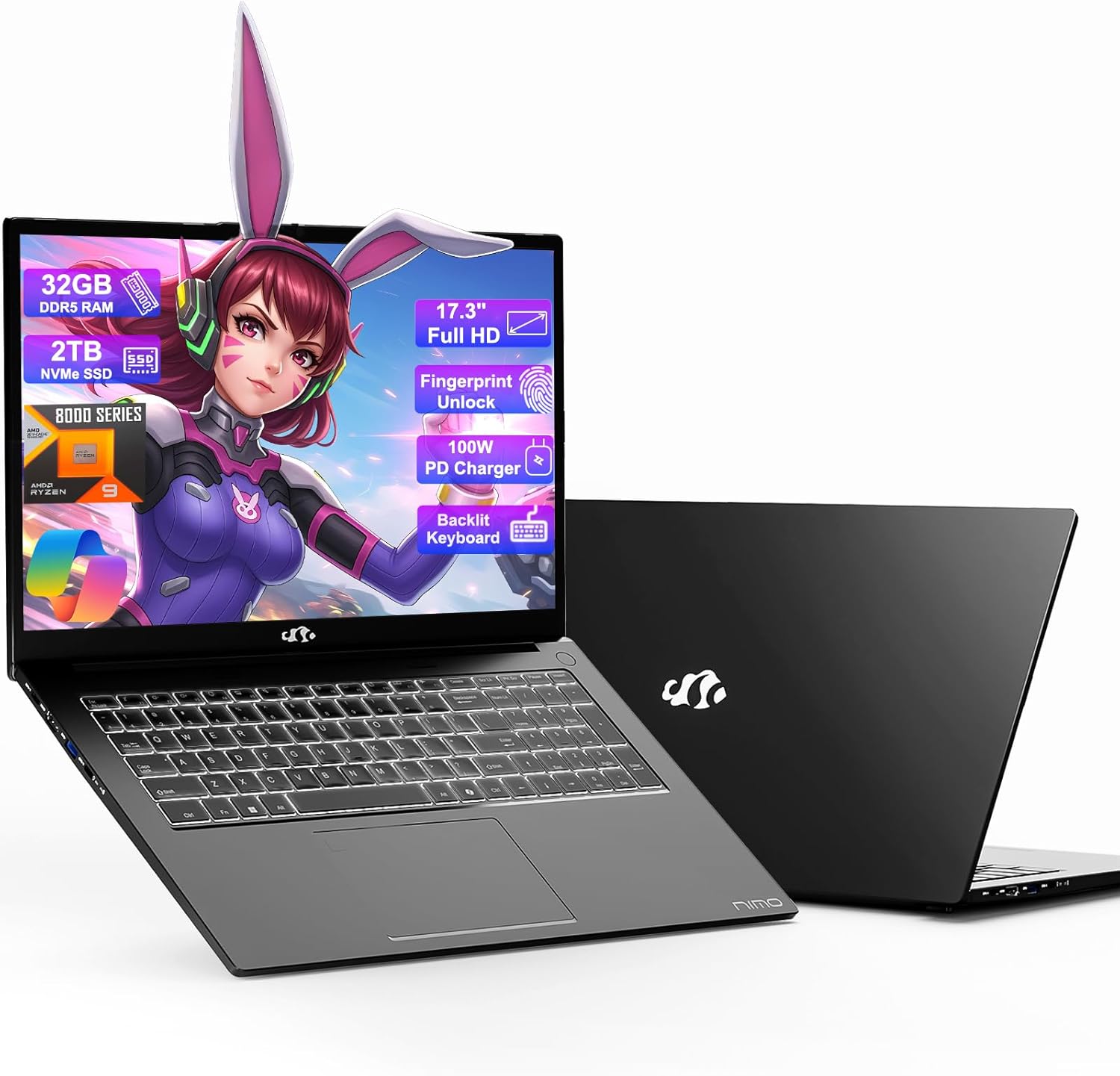 17.3 Gaming-Laptop, AI 9 8945HS (>i9-13900H), 32GB RAM 2TB SSD,USB-C 4.0 AI Copilot Ready, VR Support, 100W PD Fast Charge, Backlit Keyboard, Fingerprint Unlock, for Gaming/Student/Office/Business