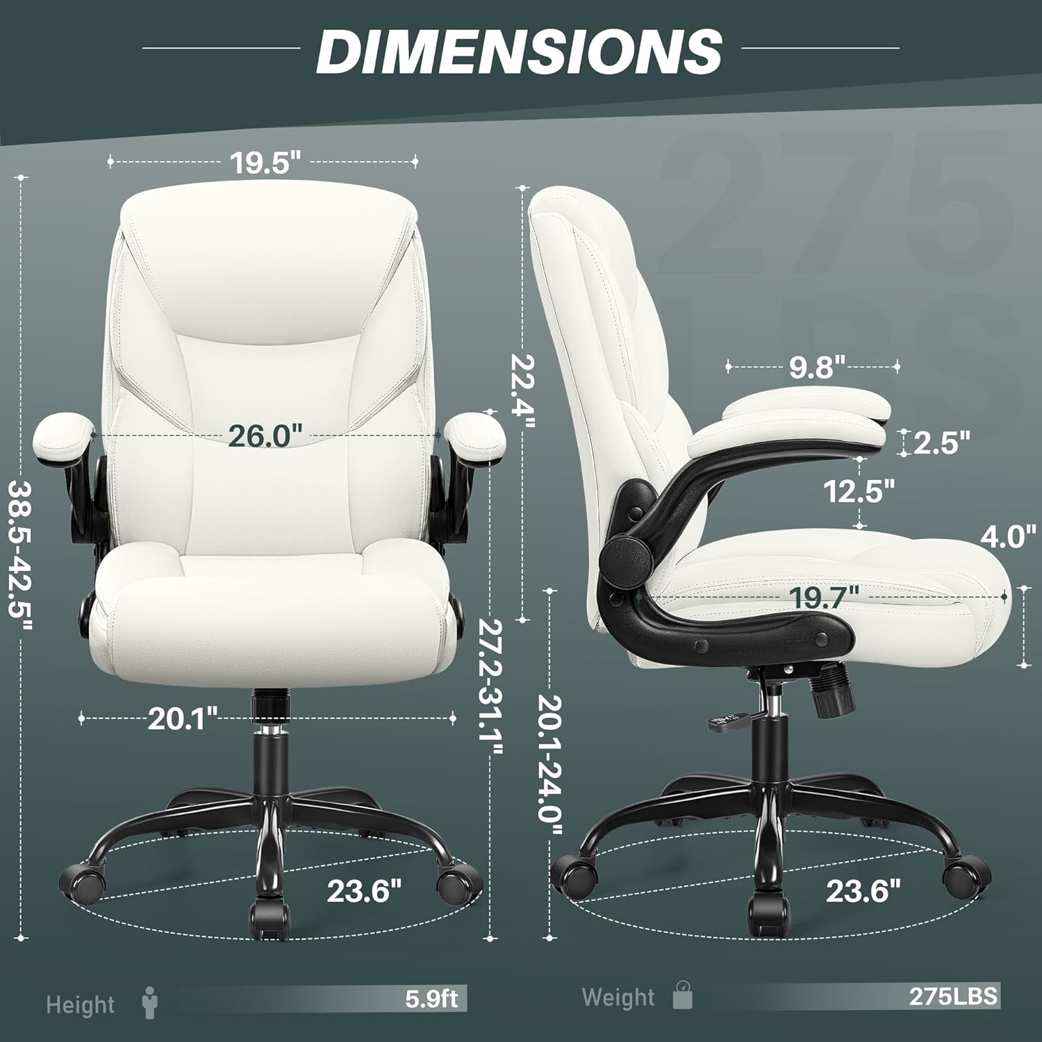 FelixKing Leather Office Chair, Small PU Ergonomic Desk Chair, Comfy Computer Chair with Wheels and Flip-up Armrests, Adjustable Height Mid Back Executive Office Chair for Short People-White