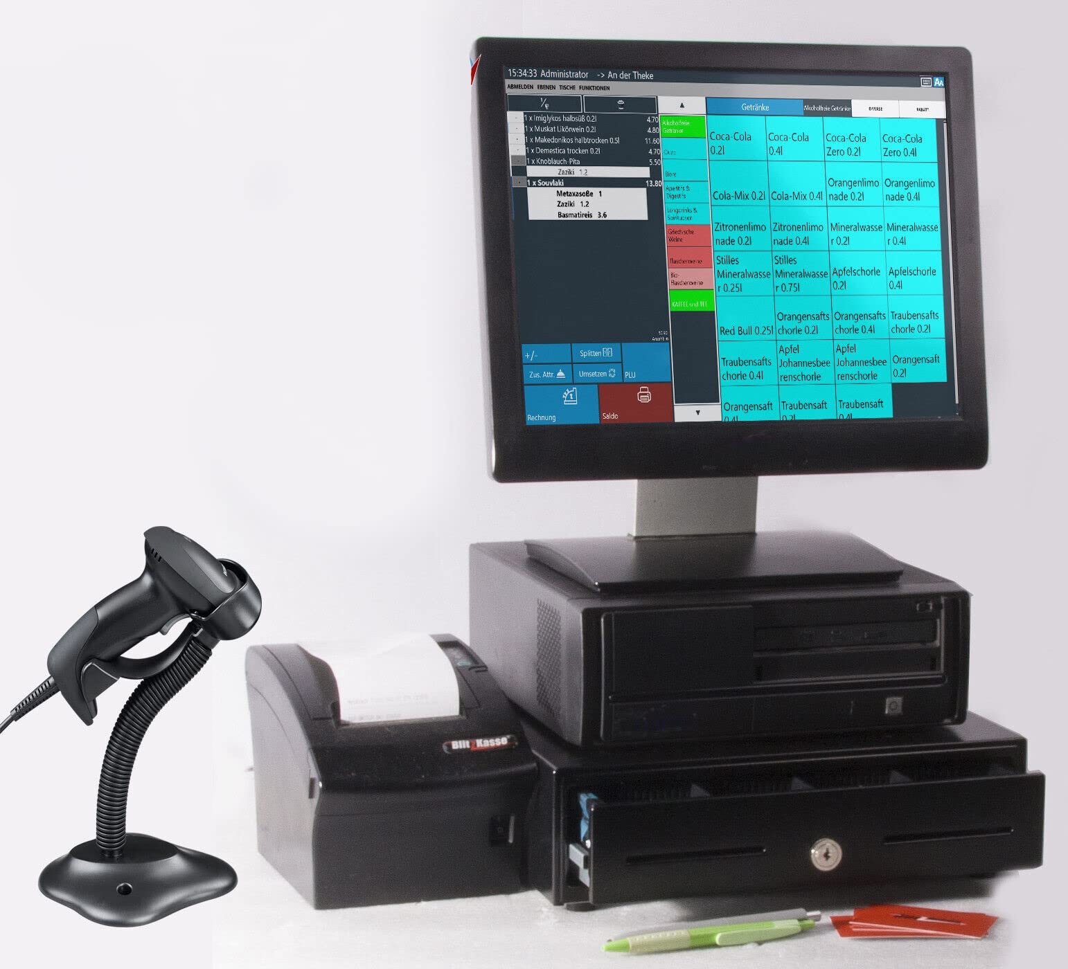 15" Scannerkasse Kassensystem für Einzelhandel - Touchscreen, Bondrucker & Kassenlade – Kasse für Kiosk, Tabakladen, Supermarkt – ohne ABO – TSE-konform