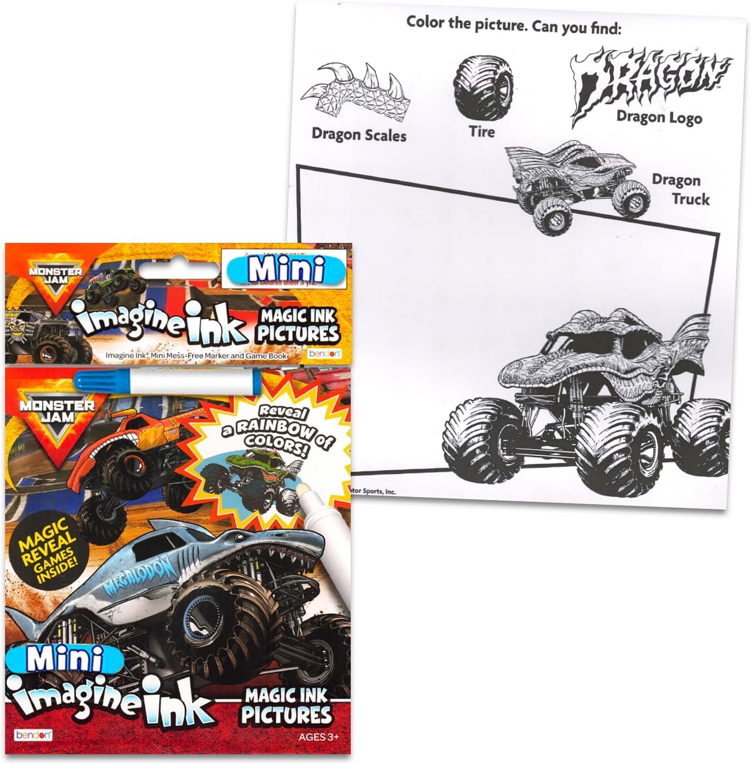 Monster Jam and Hot Wheels Magic Ink Coloring Book Set Kids Toddlers - Bundle with 2 Imagine Ink Coloring Books with Invisible Ink Pens, Hot Wheels Play Pack, and Door Hanger