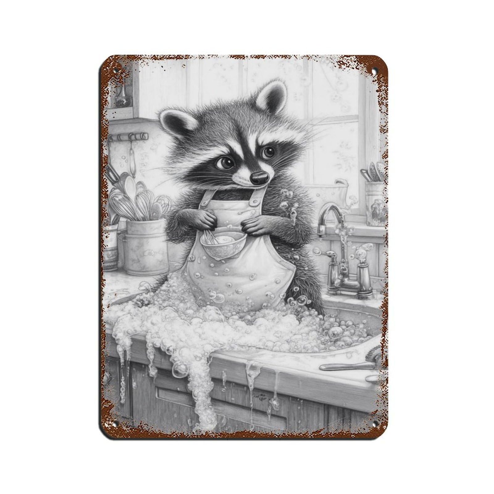 Adorable Raccoon Kitchen Art Retro Poster Metal Tin Sign Chic Art Retro Iron Painting Bar People Cave Cafe Family Garage Poster Wall Decoration 12x16inch(30x40cm)