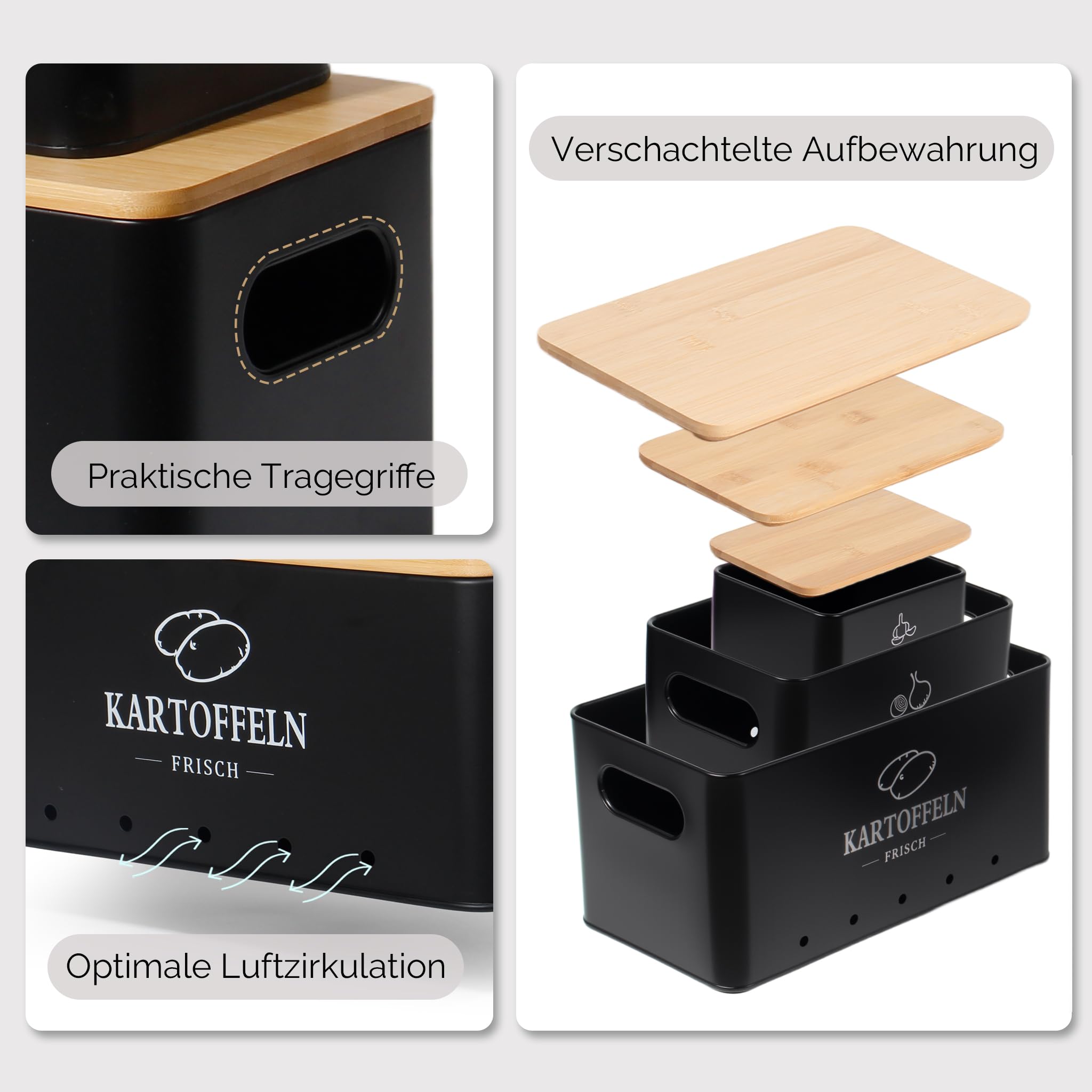 Kartoffel Aufbewahrungsbox 3er Set – Mit 360° Belüftung, Rostfrei & Stapelbar, Für Kartoffeln, Zwiebeln, Knoblauch