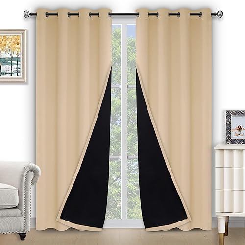 Miniatura 5 de Kinryb Cortinas de invierno opacas totales, cortinas beige de 84 pulgadas de largo, cortinas de doble capa con ojales con forro negro, cortinas