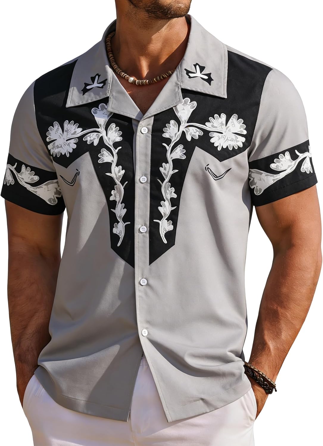 Men's Hawaiian Shirt Western Cowboy Button Down Beach Shirts Floral Tropical Vacation Tops Summer Casual V Neck Outfit