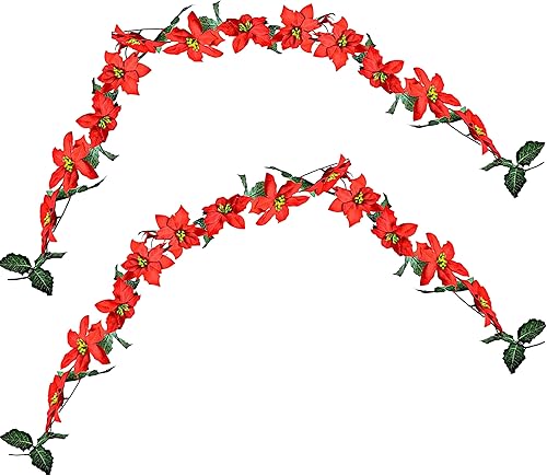 Miniatura 8 de Guirnaldas de Pascua – Juego de 2 hebras – 74 pulgadas de largo – Decoraciones navideñas de flores de Pascua rojas – Accesorios decorativos florales