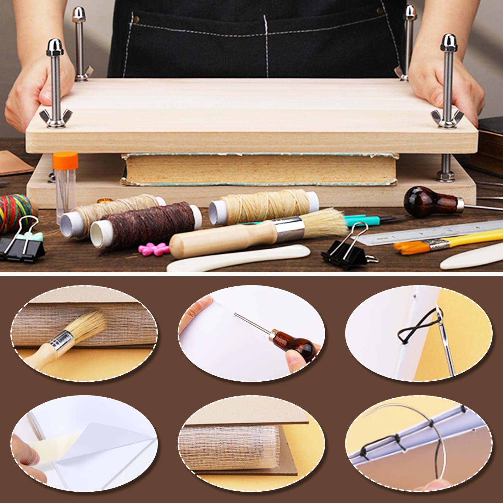 BONJUME Presse à Livres En Bois, Kit De Reliure Multifonctionnelle Outil De Reliure Book Press En Bois Manuel Accessoires Pratiques étiquettes De Reliure DIY Presse à Reliure - 30 x 19,2 cm