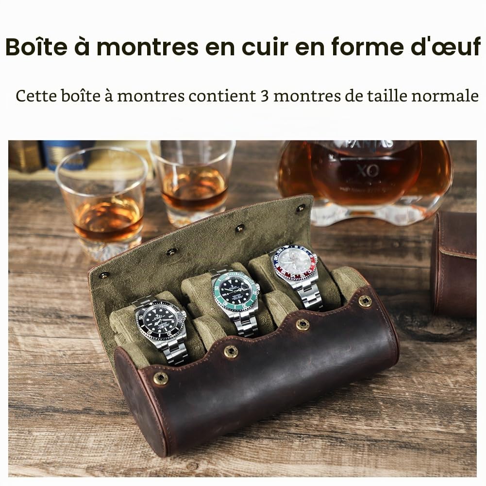 Hiram Étui rouleau en cuir véritable pour 3 montres, avec coussin amovible, organisateur de protection portable