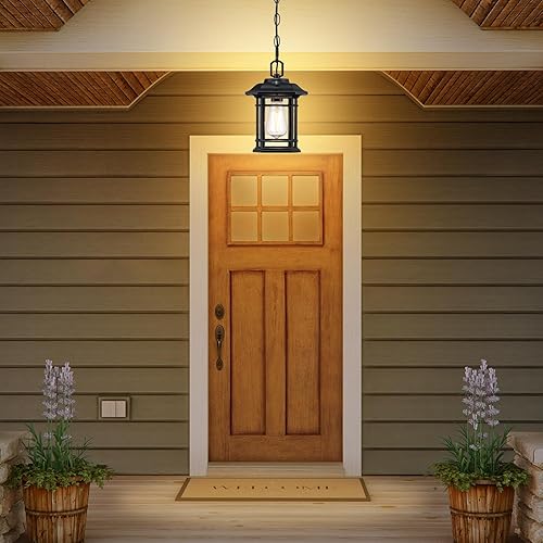 Miniatura 4 de Luces colgantes para exteriores para porche con sensor de atardecer a amanecer, faroles colgantes exteriores negros al aire libre, lámpara de techo