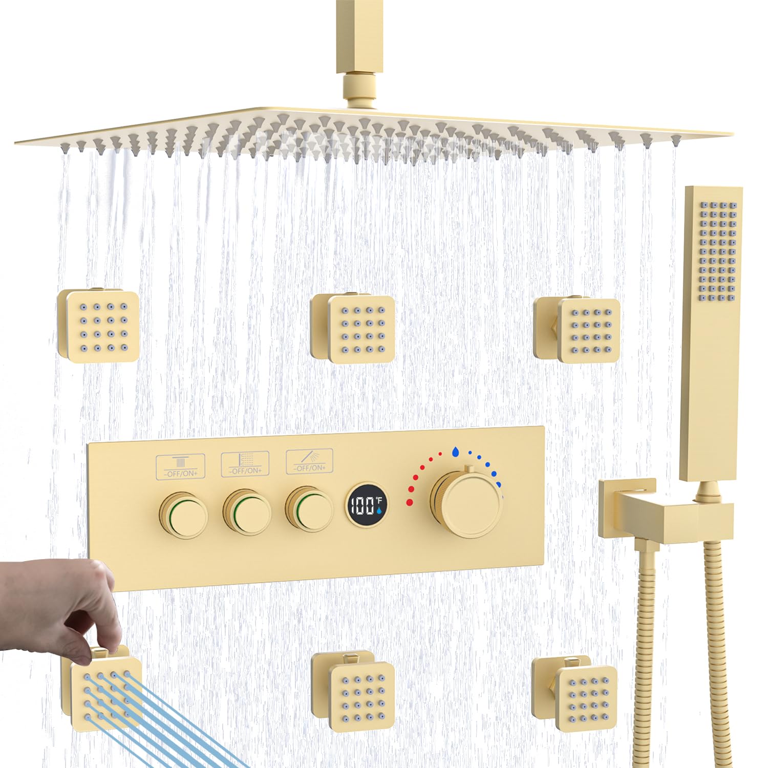 Sistema de ducha con visualización de temperatura con chorros corporales, ducha de lluvia de 16 pulgadas con válvula termostática de botón y control de flujo independiente, oro cepillado