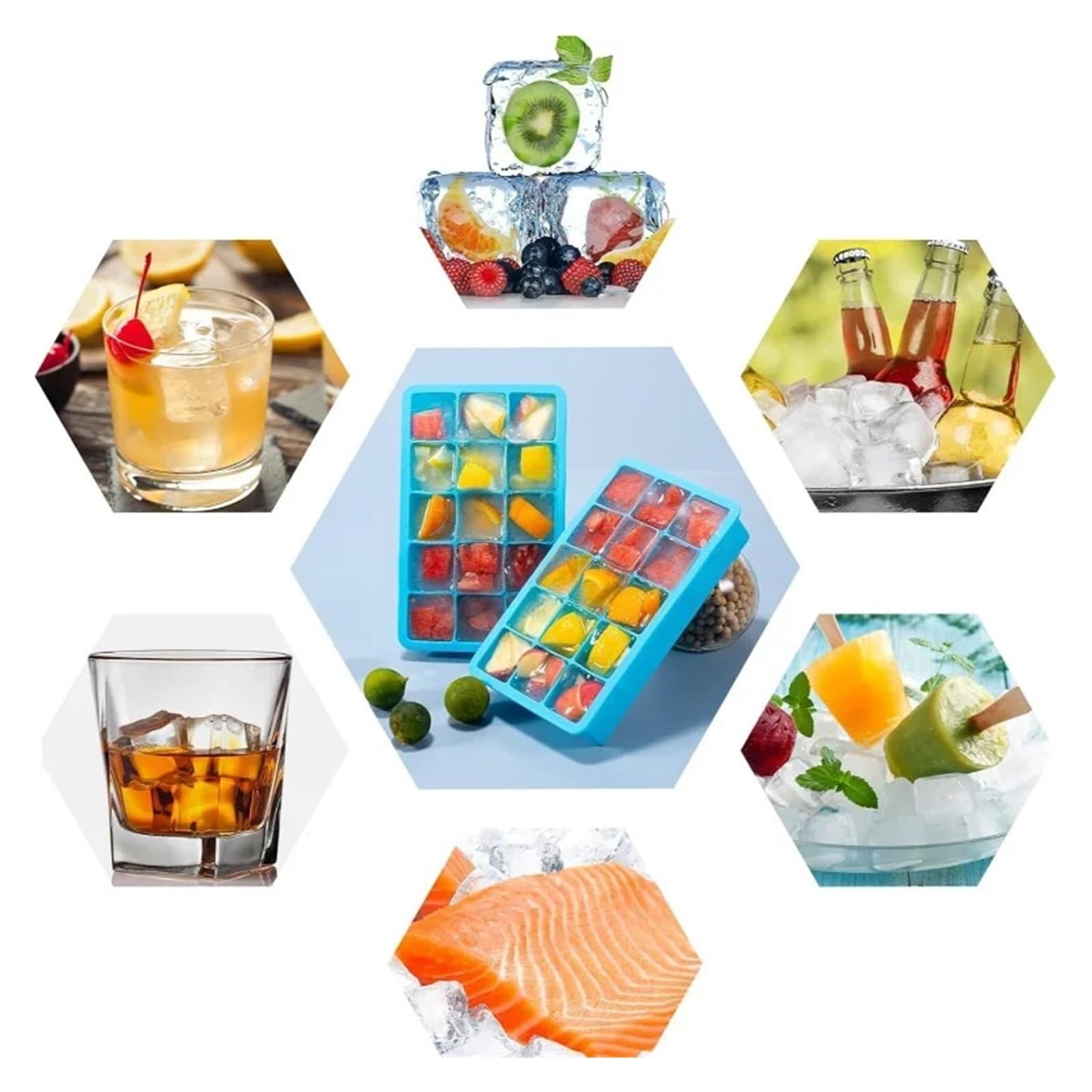 Juego de 4 bandejas de silicona for cubitos de hielo con tapas, moldes cuadrados grandes for hacer hielo, bandejas apilables flexibles for congelador for whisky y cócteles(SET 8grids)