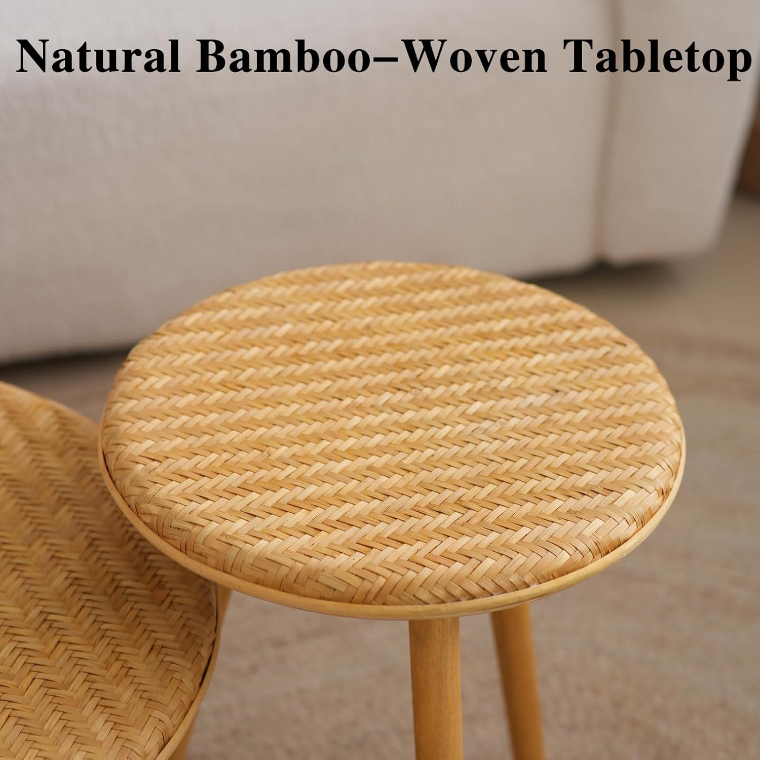 Side Table Set of 2, Coffee Table for Living Room, Farmhouse Circle End Table, Boho Round Coffee Table Natural Finish with Handcrafted Bamboo-Woven Tabletop, Unique Coffee Table