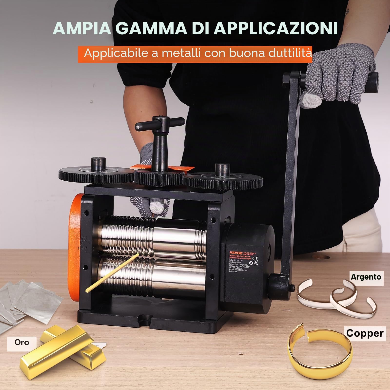 VEVOR Laminatoio per Gioielliere Larghezza 57mm, Laminatoio per Gioielli Spessore 0-5,5mm Rapporto di Trasmissione Regolabile 1:2 per la Lavorazione di Gioielli Lamiera Oro Argento Anello Bracciale