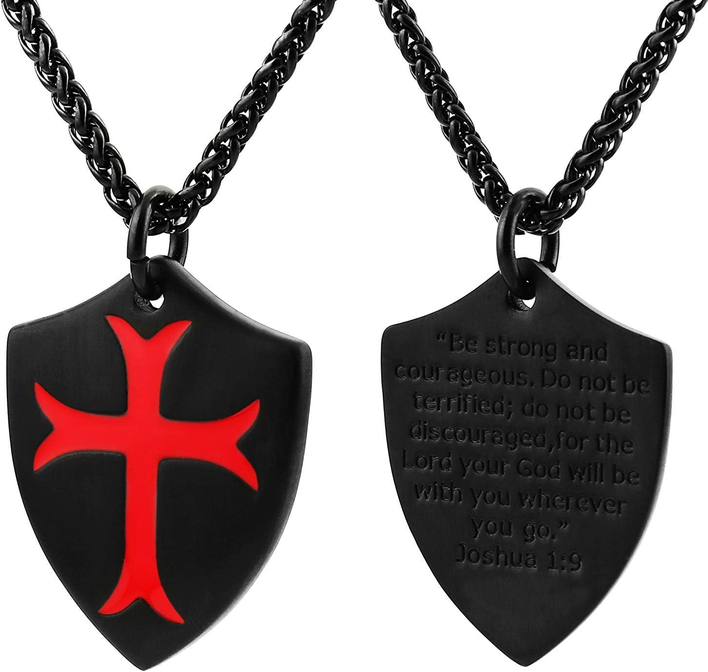 HZMAN Knights Templar Cross Joshua 1:9 Shield Stainless Steel Pendant Necklace with 22+2 inch Chain - Image 2