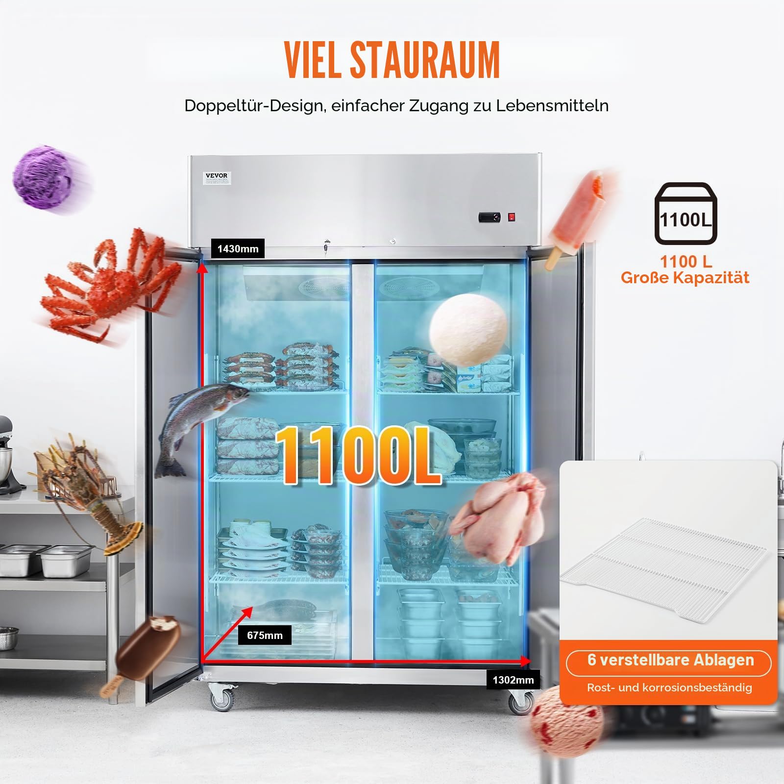 VEVOR Gewerbe-Gefrierschrank 1100 L, Gefrierschrank mit 2 Türen, Edelstahl-Gefrierschrank mit automatischer Abtauung, 6 verstellbaren Ablagen, Temperaturregelung von -25 bis -15 °C und 4 Rädern
