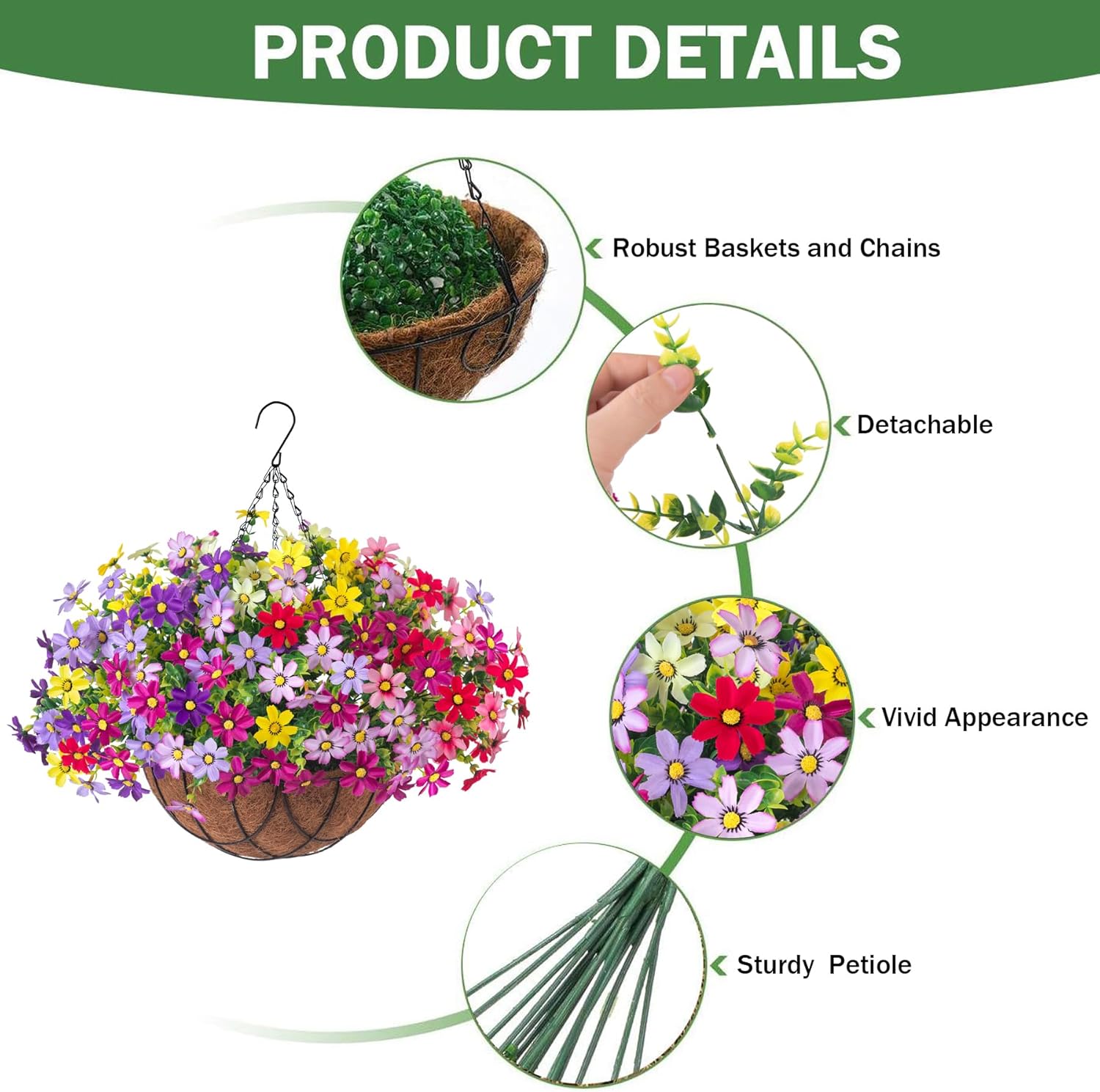 INXUGAO Artificial Flowers with Hanging Planter for Outdoor, Faux Silk Daisy UV Resistant Plants in Basket for Indoor Porch Garden Yard Spring Summer Decor(Rose Yellow)