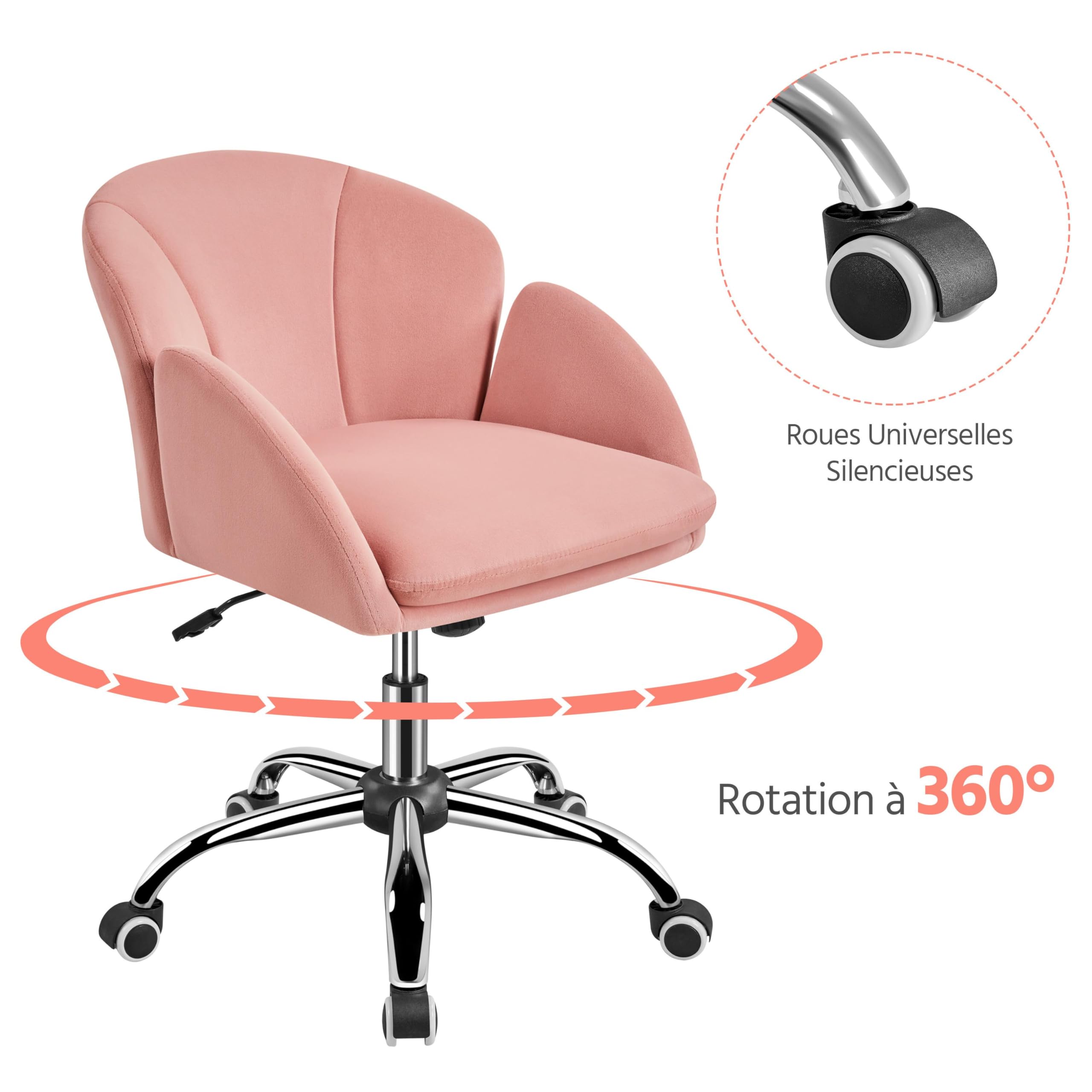 Yaheetech Chaise Bureau Design Fleur Fauteuil de Bureau en Velours Hauteur Réglable avec Dossier Arrondi Inclinable pour Chambre Bibliothèque Rose