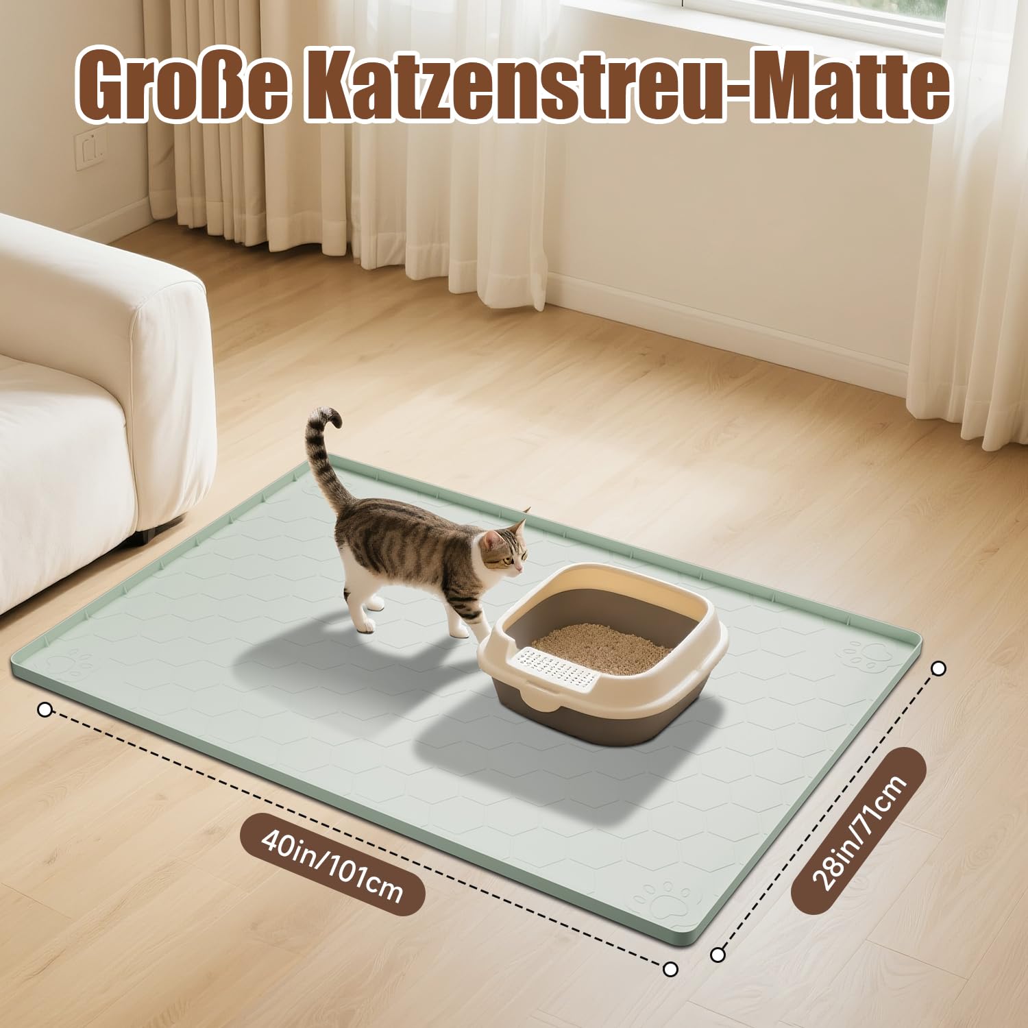 Tappetino per lettiera per gatti, taglie forti, 101 x 71 cm, grande, XXL, in silicone alimentare, impermeabile, resistente alle urine, antiscivolo, facile da pulire, verde chiaro